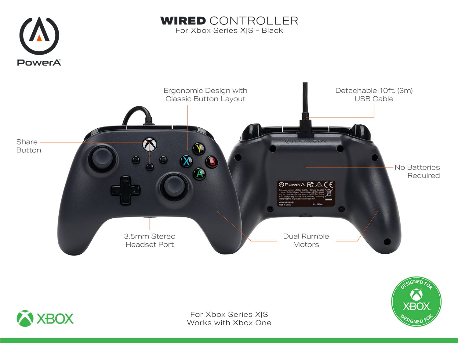 PowerA Wired Controller For Series X|S - Black, Gamepad, Video Game Controller Works with Xbox One