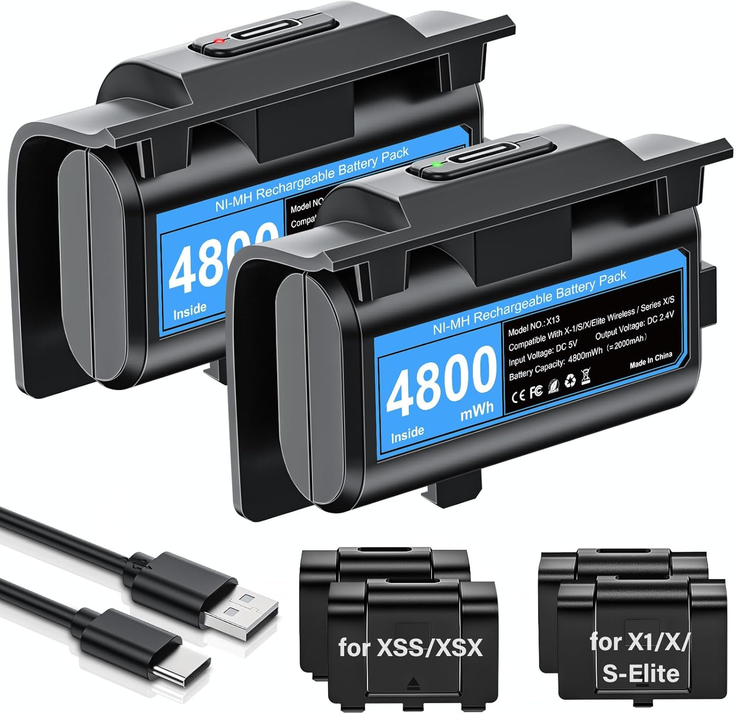 Rechargeable Controller Battery Pack for ,2x4800mWh(2000mAh) Batteries Pack with USB-C Charging Cable for Xbox Series S|X/Xbox One S/One X/One Elite Remote Play and Charge Kit with 4 Cover(2 Pack)