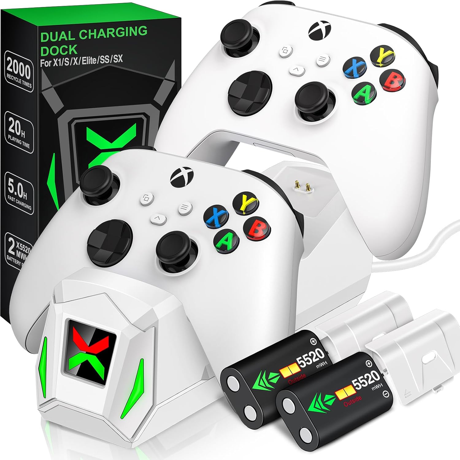 Upgraded Controller Charger Station with 2x5520mWh Rechargeable Battery Packs for Xbox One/Series X|S, Dual Charging Dock for Xbox One Battery Pack (Controller not Included)