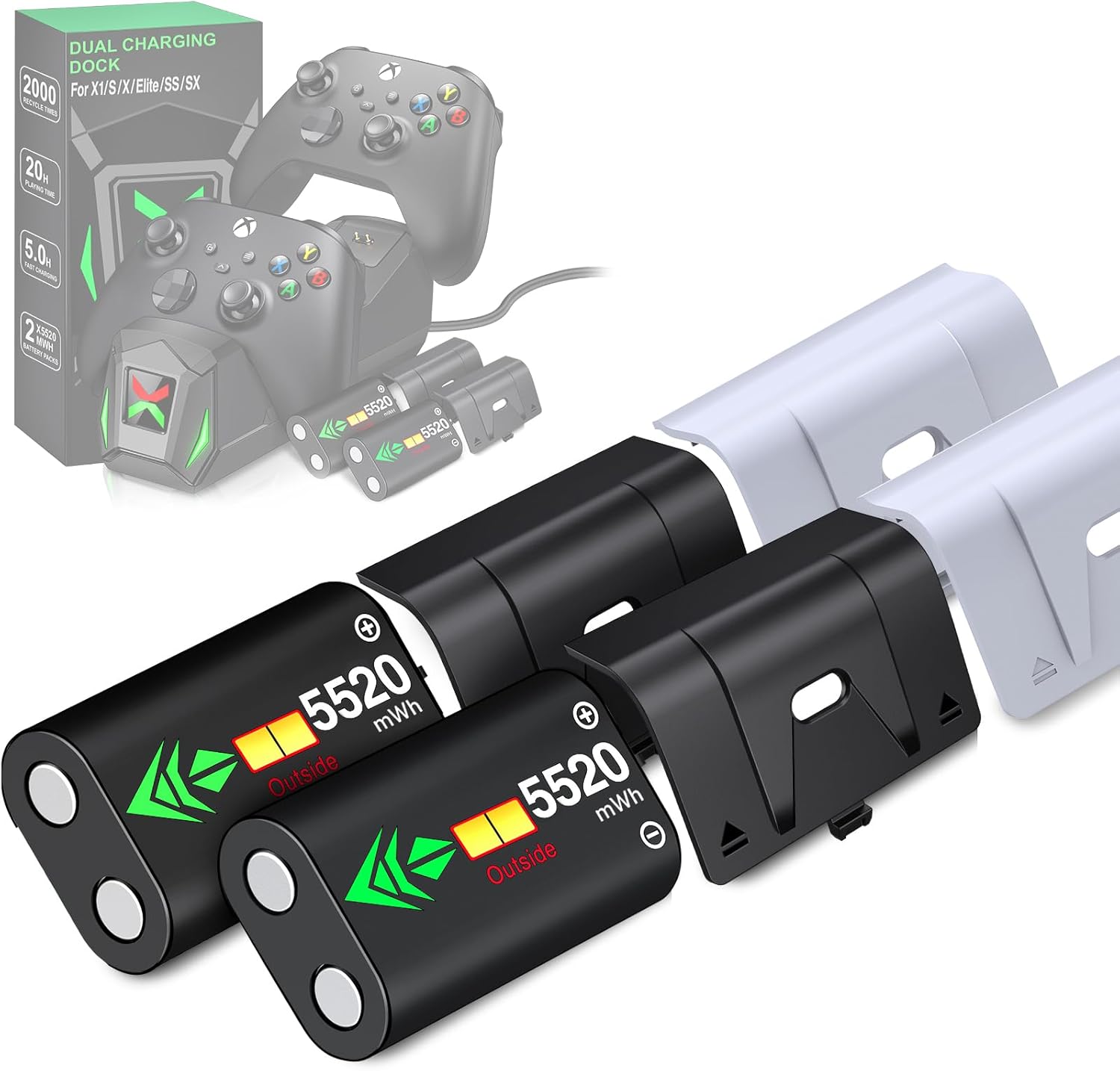 Upgraded Controller Charger Station with 2x5520mWh Rechargeable Battery Packs for Xbox One/Series X|S, Dual Charging Dock for Xbox One Battery Pack (Controller not Included)