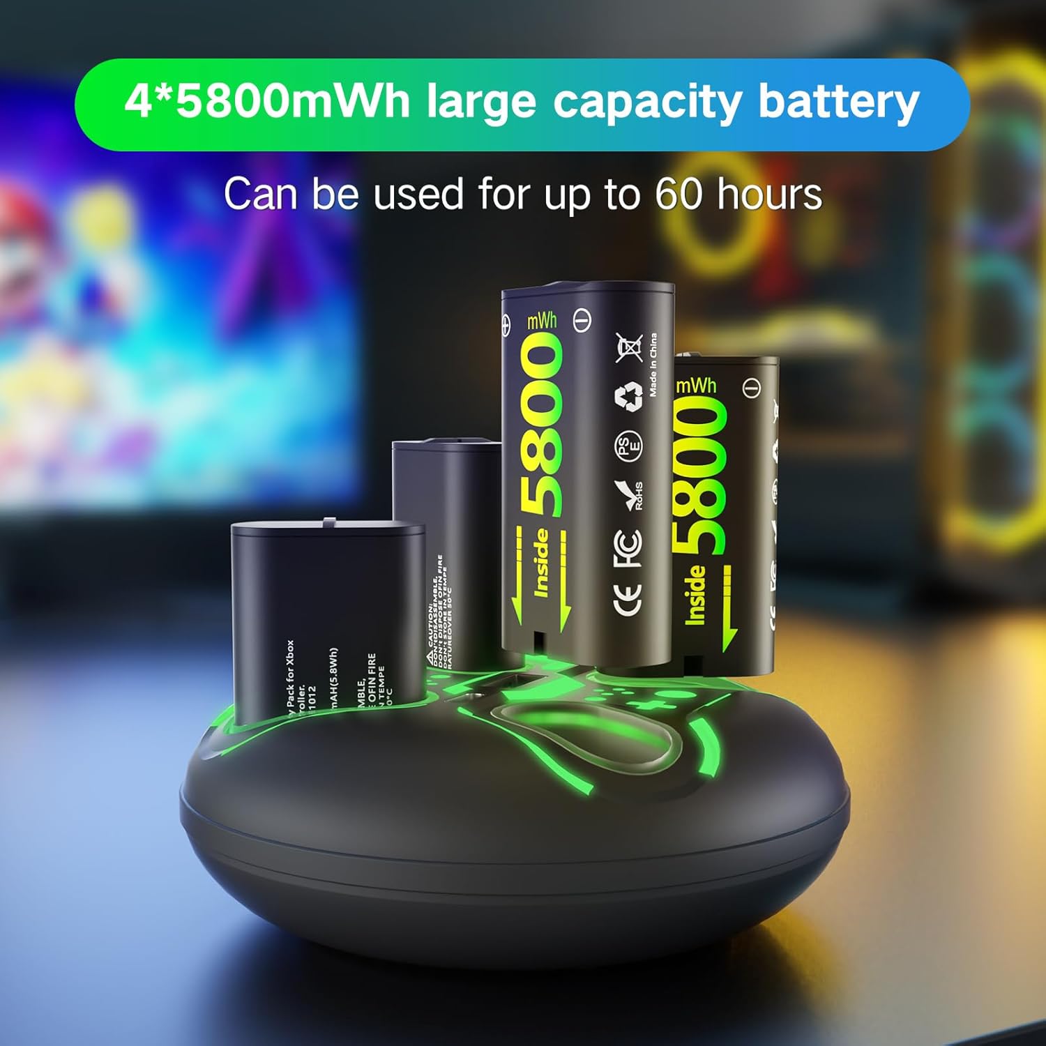 Shirble Charger for One Controller Battery Pack with 4x5800mWh USB Rechargeable Xbox One Battery Charger Station for Xbox Series X|S, Xbox One S/One X-Xbox One Accessories (2600mAh=5800mWh)