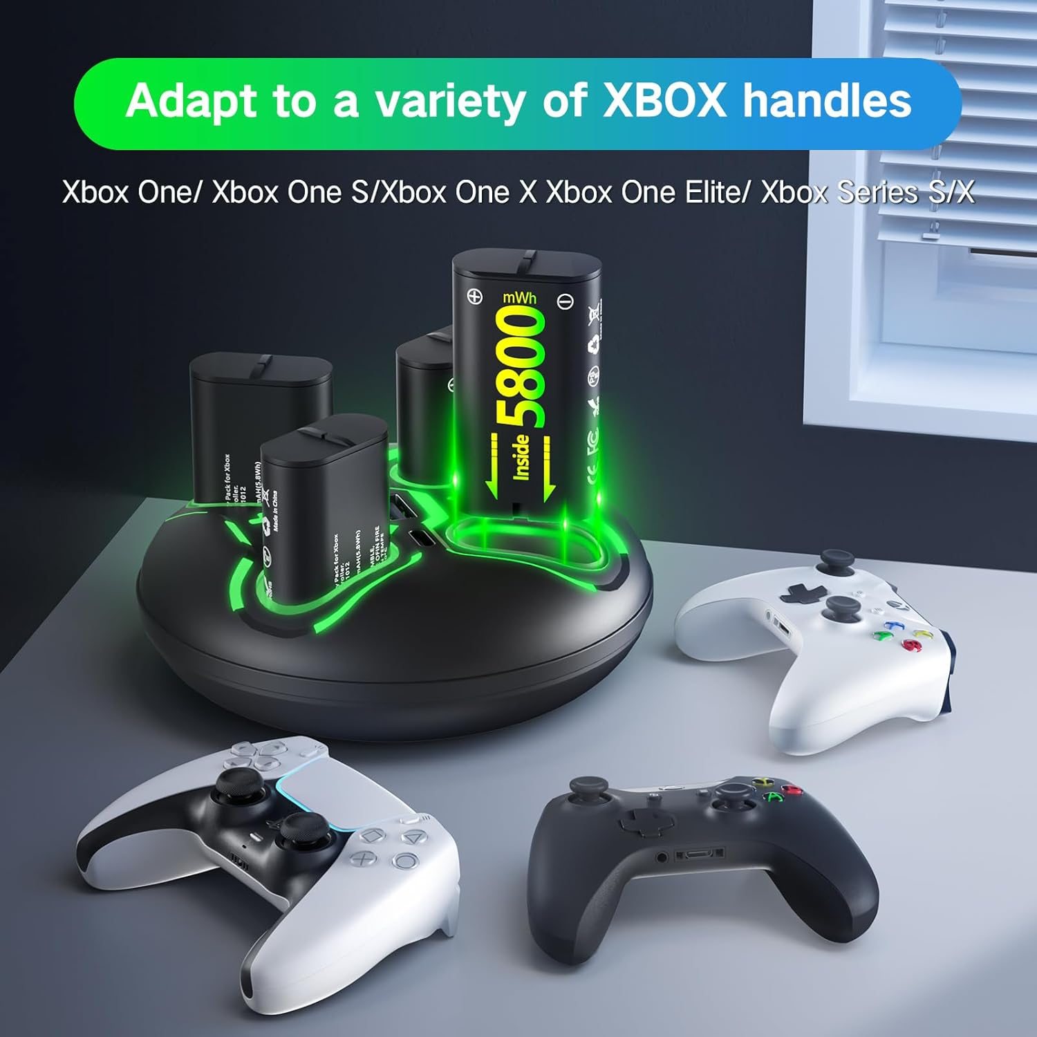 Shirble Charger for One Controller Battery Pack with 4x5800mWh USB Rechargeable Xbox One Battery Charger Station for Xbox Series X|S, Xbox One S/One X-Xbox One Accessories (2600mAh=5800mWh)